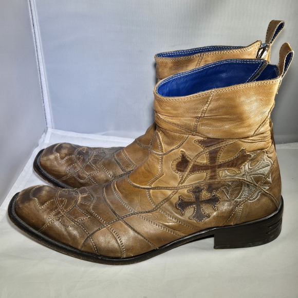 Mark Nason DARKSTAR Biker Rock Lives Dragon Leather Brown Boots Mens 11 Crosses - Picture 1 of 11